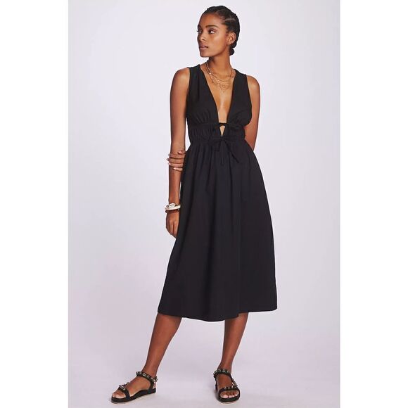 Anthropologie - Faithfull Deep-V Midi Dress black size 12 - Picture 1 of 11